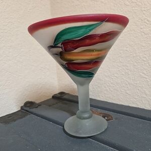 Giant Margarita Glass With Chile Peppers And Feostwd Glass 7.5in Tall 7in Wide